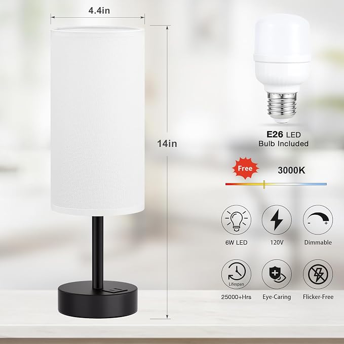 Dicoool Bedside Table Lamp for Bedroom - 3-Way Dimmable Touch Lamp, USB A+C | LED Bulb Included, 14" Small Nightstand Lamp for Desk, Living Room, Guest Room, White Fabric Lampshade, Black Metal Base - Image 5