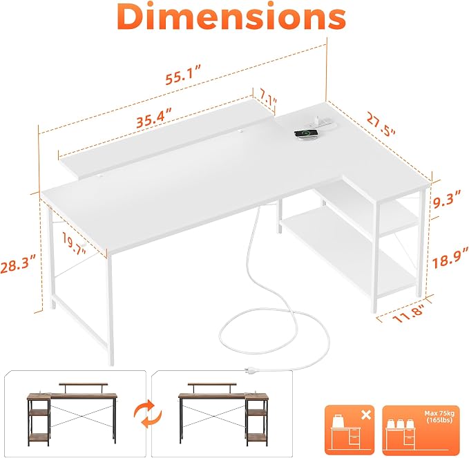 Mericonia 55 in L Shaped Gaming Desk, Large Corner Desk with Monitor Stand | Reversible Computer Desk with Power Outlets, LED Light & Storage Shelves, Office Table for Home Bedroom Study Work Writing - Image 2