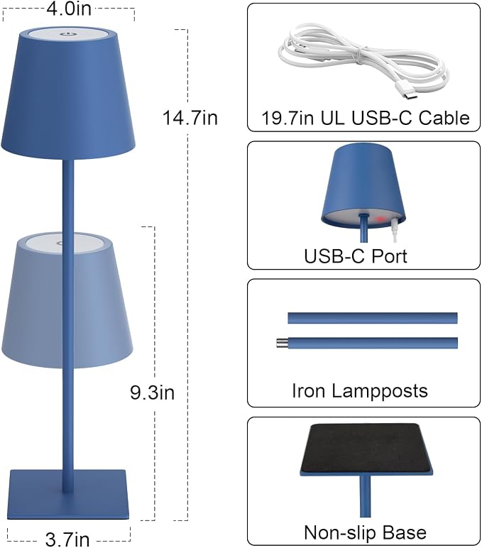 Kakanuo Cordless Rechargeable Table Lamp Navy 5000mAh Battery Operated Lamps, 3 Colors Stepless Dimming Touch Lamp for Living Room, Kitchen Counter, Dining, Outdoor Patio, 2 Pack - Image 5