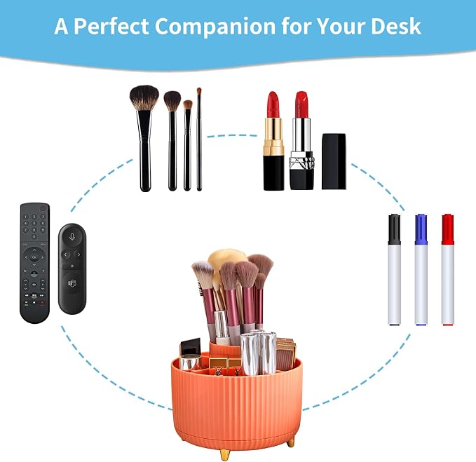 Marbrasse Desk Organizer, 360-Degree Rotating Pen Holder, Desk Organizers and Accessories with 5 Compartments Pencil Holder, Art Supply Storage Box Caddy for Office, Home（Orange） - Image 6