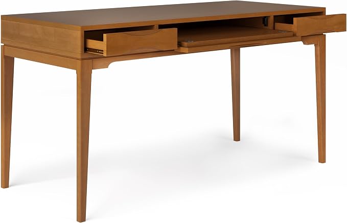 SIMPLIHOME Harper Desk - 60 Inch Wide Solid Wood Writing Desk in Honey Brown, Mid-Century Modern Home Office Computer Table for Study with 2 Drawers and Flip-Down Keyboard Tray - Image 5