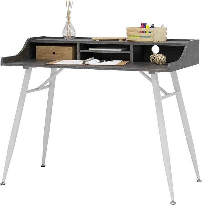 Calico Designs Woodford 45” Wide Modern, Secretary, Writing, Desk with Low Storage Hutch and Whtie Metal Tapered Legs in Marbled Dark Grey, White - Image 5