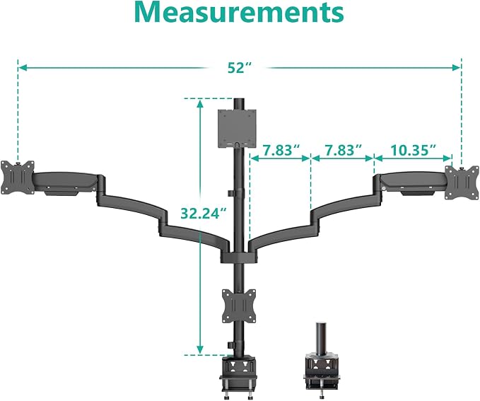 WALI 4 Monitor Mount for 13-49 inch Ultrawides on Top Bracket and 27 inch Screens on Lower Brackets, Heavy Duty Arm Extra Tall Quad Monitor Stand, up to 44 lbs (GSDM004S-P), Black - Image 7