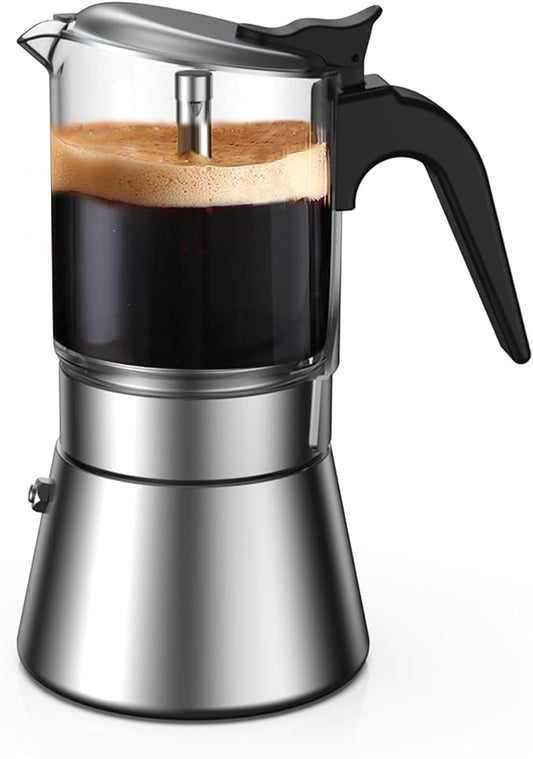 SIXAQUAE Moka Induction Stovetop Espresso Maker,Crystal Glass-top & Stainless Steel Espresso Moka Pot,Classic Italian coffee maker,240ml(6cup) by JimysCo