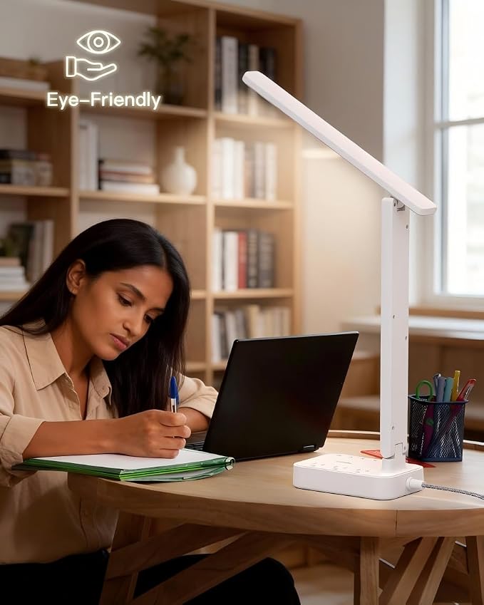 Addtam LED Desk Lamp, Power Strip with 3 Outlets 4 USB Charging Ports(2 USBC), 4 Modes 5 Level Brightness Touch Lamp, Small Desk Lamp for Home Office College Dorm Room Essentials, White - Image 6
