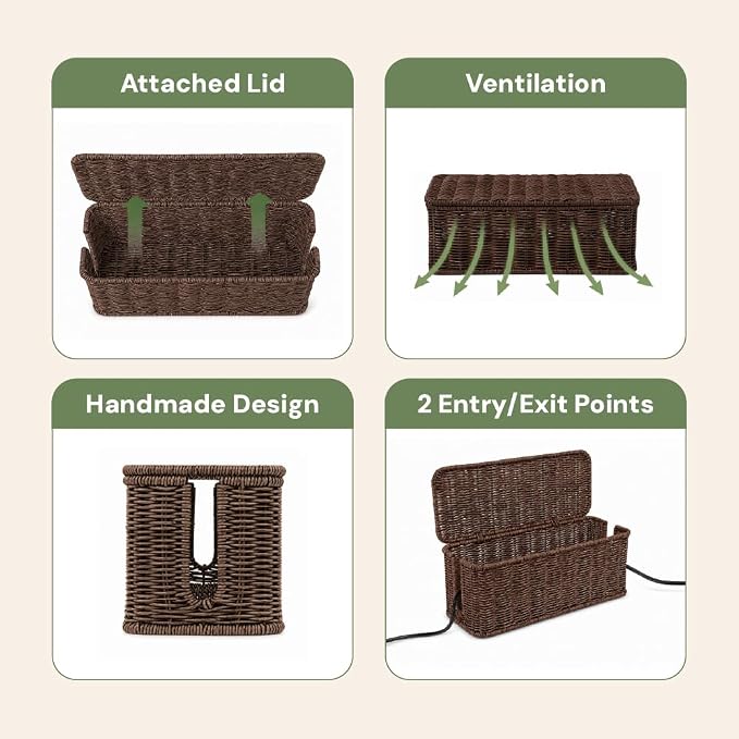 Cable Management Box, Handmade Rattan Cable Organizer with 2 Open Slots, Cord Hider for Power Strip, Router & USB Hub, Registered U.S. Design Patent (D1,112,102), 13" x 5.1" x 5.1", Brown - Image 6