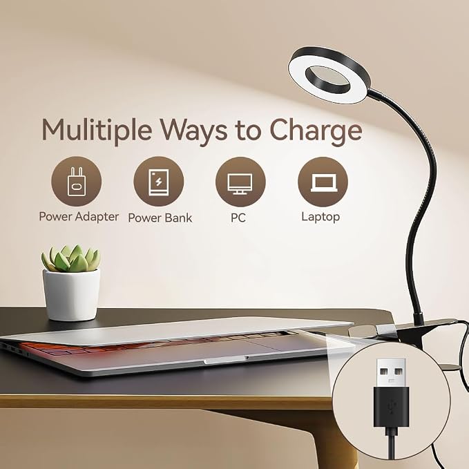 LED Desk Lamp Clip on Light with 3 Color Modes 10 Brightness Ring/Clamp Light 360° Adjustable Neck Dimmable Eye Protection Desk Lamps for Home Office - Image 6
