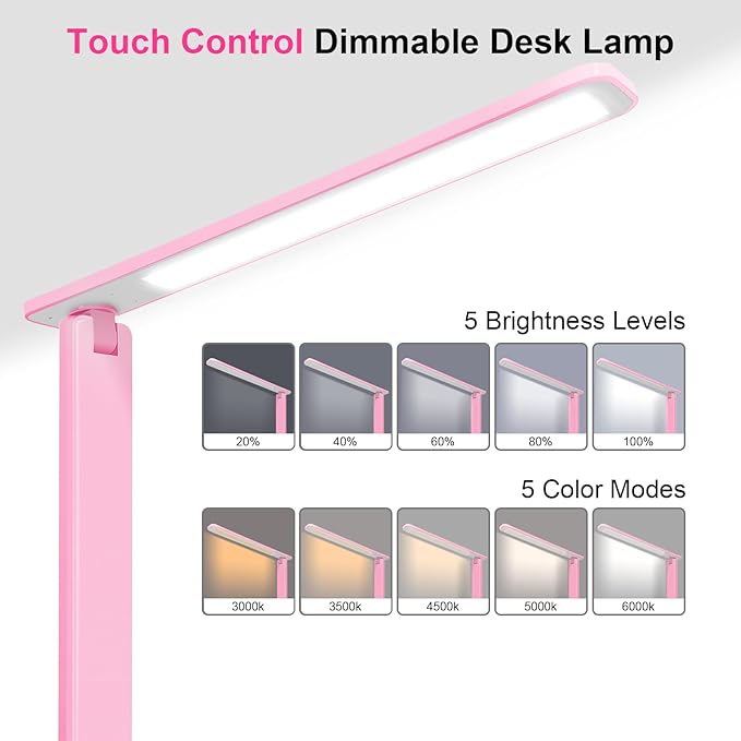 shinelife LED Desk Lamp for Office Home, Bright Desk Light with USB Charging Port, Adjustable Dimmable Desk Lamps 5 Modes 5 Brightness, Touch Study Lamp for Nail, Craft, Puzzle, Sewing, Study, Pink - Image 2