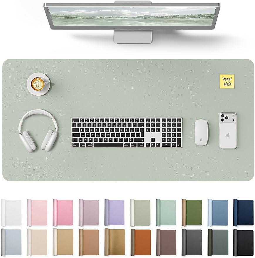 YSAGi Leather Desk Protector, Office Mat, Large Mouse Mat, Non-Slip PU Leather Blotter, Laptop Pad, Waterproof Writing Pad for Office and Home (Grayish Green, 31.5" x 15.8") by YSAGi