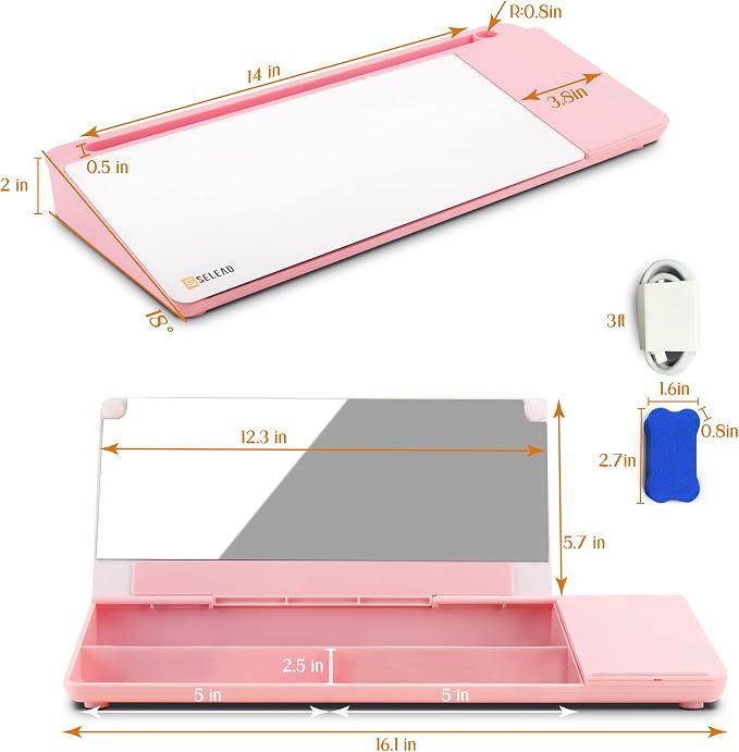 SELEAD Desktop Glass Whiteboard with Wireless Charger Station and Mirror, Dry Erase Board Computer Pad Keyboard Stand with Organizer for Home, School, Office Desk Accessories, Pink - Image 9