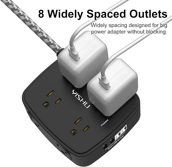 Surge Protector Power Strip - YISHU 8 Outlets with 4 USB (2 USB C) Charging Ports, 6Ft Braided Extension Cord, Flat Plug Multi Plug Outlet Extender Charging Station for Home Office, ETL, Black - Image 4