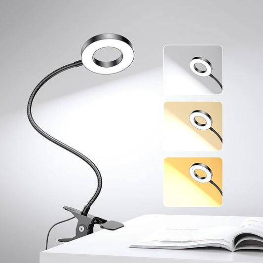 LED Desk Lamp Clip on Light with 3 Color Modes 10 Brightness Ring/Clamp Light 360° Adjustable Neck Dimmable Eye Protection Desk Lamps for Home Office by GARMESE