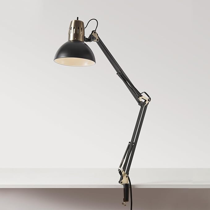 Globe Electric 62000009 32" Multi-Joint Desk Lamp with Metal Clamp, Matte Black, Antique Brass Accents, On/Off Rotary Switch on Shade, Partially Adjustable Swing Arm, Home Décor, Office Accessory - Image 7
