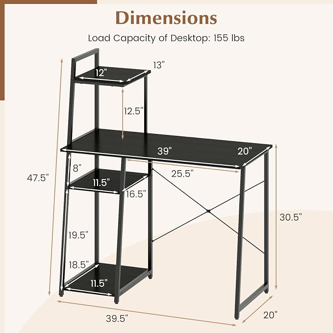 Giantex Computer Desk with Shelves, 47.5” Home Office Desk with Bookshelf, Host Stand, Metal Frame, PC Laptop Workstation, Modern Study Writing Desk for Bedroom, Small Space (Black) - Image 3