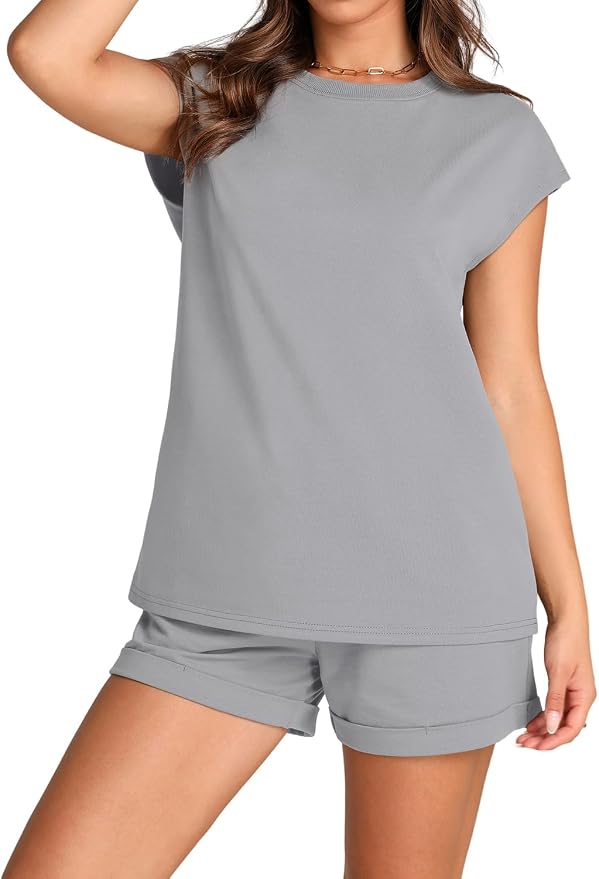 WIHOLL 2 Piece Sets for Women Casual Summer Travel Vacation Outfits Cap Sleeve Shorts Lounge Set - Image 4