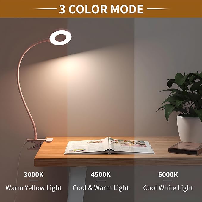 iZELL LED Desk Lamp with Clamp, Reading Light with 3 Color Modes & 10 Brightness Levels, Flexible Arm Book Light for Kids Reading in Bed at Night, Clip on Table, Computer, Zoom Meetings - 27.6'' Pink - Image 2