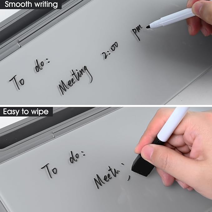 Varhomax Glass Desk Whiteboard Gray with Calculator, Desktop Organizer Dry Erase White Board with Storage, to Do List Memo Notepad for Home Office and School Supplies - Image 5