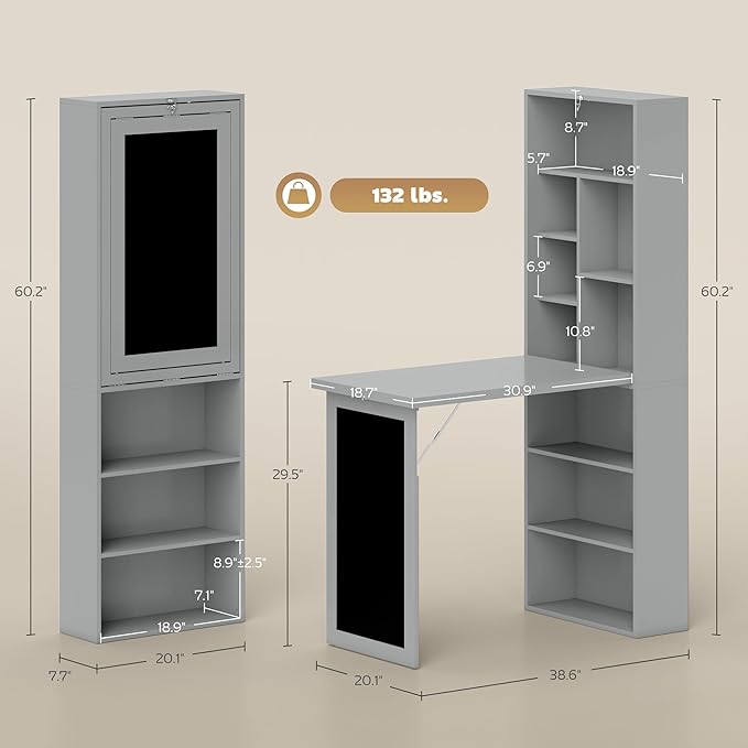 HOMCOM Foldable Desk Wall Mounted Convertible Table for Small Spaces, Gray | Wall Mounted, Space-Saving, Chalkboard, Storage Shelves, for Small Spaces, Home Office, Bedroom, Dorm, Apartment - Image 3