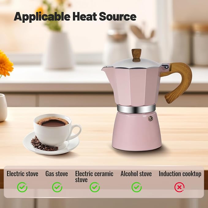 3 Cup Aluminum Moka Pot Classic Stovetop Espresso Coffee Maker 150ml 5oz Coffeemaker Percolator Mocha Pot Greca Coffee Maker Cafe Makers for Italian and Cuban Café Brewing Pink - Image 4
