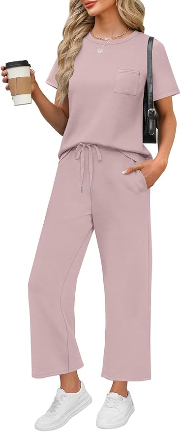 WIHOLL 2 Piece Sets for Women Casual Summer Travel Vacation Outfits Short Sleeve Wide Leg Crop Pants Lounge Sets by WIHOLL