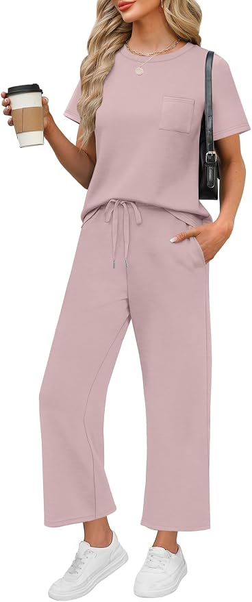 WIHOLL 2 Piece Sets for Women Casual Summer Travel Vacation Outfits Short Sleeve Wide Leg Crop Pants Lounge Sets by WIHOLL
