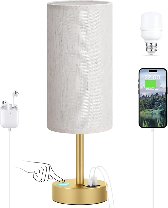 Dicoool Bedside Table Lamp for Bedroom - 3-Way Dimmable Touch Lamp, USB A+C | LED Bulb Included, 14" Small Nightstand Lamp for Desk, Living Room, Guest Room, Cream Fabric Lampshade, Gold Metal Base by DicooolDirect