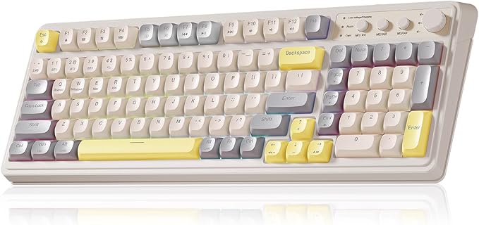 AULA S99 Gaming Keyboard, Ergonomic Computer Keyboards, Wireless Creamy Keyboard Full Size Cute Backlit Media Knob Programmable Tri-Mode Bluetooth/2.4GHz/USB-C Keyboard for PC Gamer - Grey & Yellow by AULA