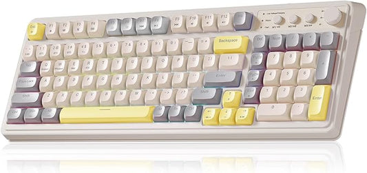 AULA S99 Gaming Keyboard, Ergonomic Computer Keyboards, Wireless Creamy Keyboard Full Size Cute Backlit Media Knob Programmable Tri-Mode Bluetooth/2.4GHz/USB-C Keyboard for PC Gamer - Grey & Yellow by AULA
