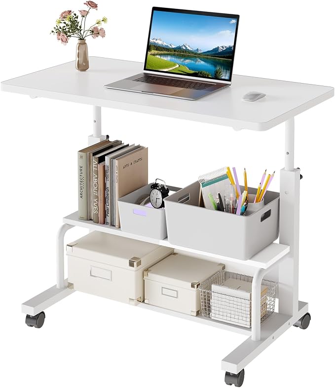 OLIXIS Rolling Desk, Storage Shelves, Laptop Table, Home Office | Height Adjustable Design, Computer Desks on Wheels, Portable for Small Spaces Use, White by OLIXIS