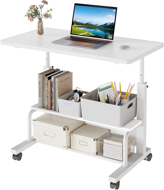 OLIXIS Rolling Desk, Storage Shelves, Laptop Table, Home Office | Height Adjustable Design, Computer Desks on Wheels, Portable for Small Spaces Use, White by OLIXIS