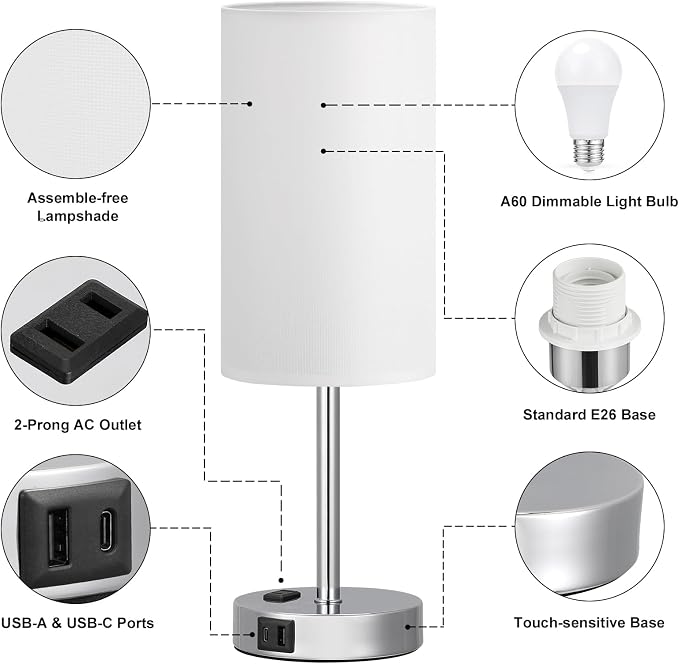 Fenmzee Touch Bedside Lamp - White, 3-Way Dimmable, USB A + C Charging, AC Outlet, 17.4inch Medium - Image 6