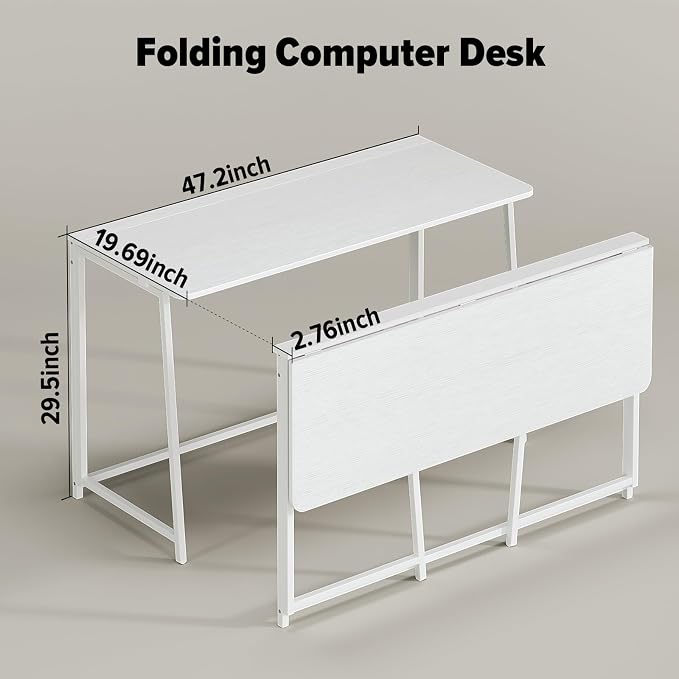 WOHOMO Folding Desk, 47.2" Foldable Computer Desk for Bedroom, Space Saving Computer Table Writing Workstation for Home Office, Easy Assembly, White | Easy Assembly and Fold, Sturdy Home office desks for Study Bedroom Dorm Space Saving Writing Work Apa... - Image 2