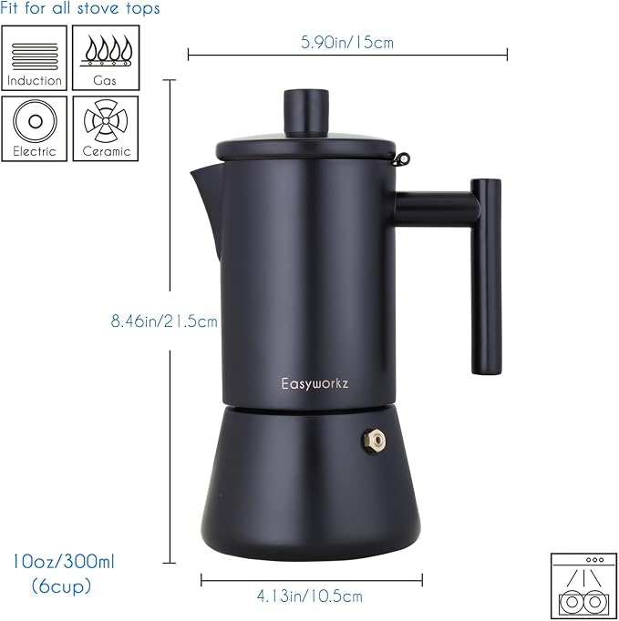 Easyworkz Diego Stovetop Espresso Maker Stainless Steel Italian Coffee Machine Maker 6Cup 10 oz Moka Pot Induction Espresso Pot - Matte Black - Image 3