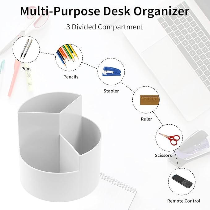 Desk Pencil Pen Holder, 3 Slots 360-Degree Spinning Organizers, Desktop Storage Stationery Supplies, Cute Cup Pot for Office, School, Art Supply, Kids - Gray - Image 3
