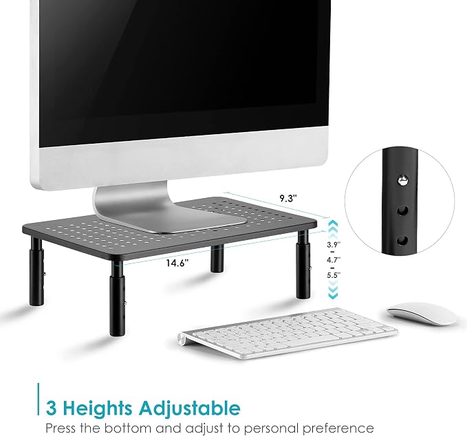 LOTEYIKE Monitor Riser Desktop Stand, Flat Screen TV Monitor Stand Riser, Sturdy Metal Laptop Computer Monitor Stand Shelf for Printer, iMac, 3 Height Adjustable PC Stand with Mesh Platform - Image 2