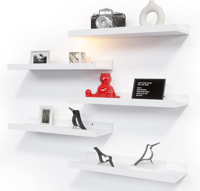 RICHER HOUSE 5-Set Floating Shelves with Lip, White Wall Mounted Wood Shelf | Display Picture Ledge Shelf, Anti-drop lip Shelf for Room Wall Decor, Bedroom Bathroom Storage Nursery Books, Easy Setup 16in by RicherHouse