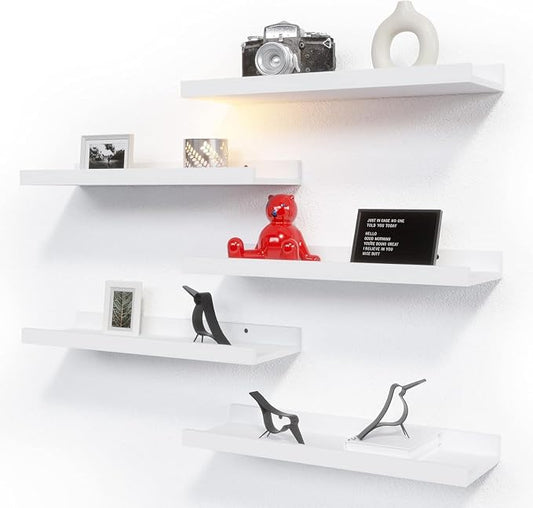 RICHER HOUSE 5-Set Floating Shelves with Lip, White Wall Mounted Wood Shelf | Display Picture Ledge Shelf, Anti-drop lip Shelf for Room Wall Decor, Bedroom Bathroom Storage Nursery Books, Easy Setup 16in by RicherHouse