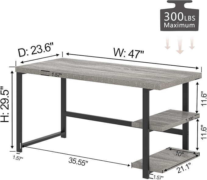 FOLUBAN 47 Inch Home Office Desk, Modern Computer Desk with Storage Shelves, Small Study Writing Gaming Table Workstation for Living Room Bedroom, Industrial Light Grey - Image 2
