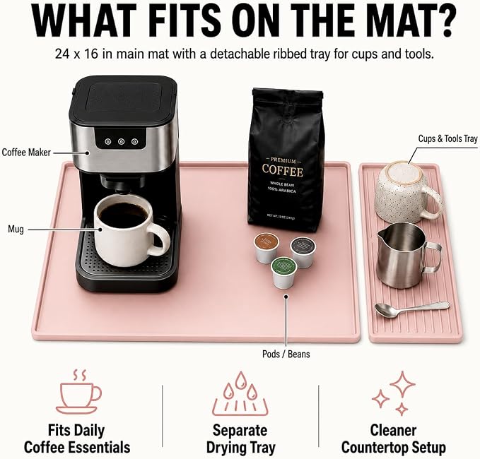 Silicone Coffee Mat 24 x 16 in with Tray, Soft Light Pink | Coffee bar mat for countertop use, coffee station mat or coffee machine mat with removable tray and 0.47 in raised rim. - Image 4