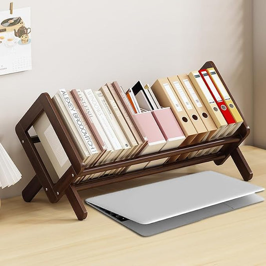 Wood Tilting Bookcase in Living Room/Home/Office, Desktop Book Shelf Organizer Bookshelves Storage Rack for CDs/Magazine/Books Display (Coffee, 16"-L) by Fox+Claw