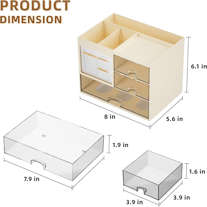 Marbrasse Desk Organizer with 3 Drawer, Multi-Functional Pencil Pen Holder for Desk, Desktop Organizer Storage for Office Home Art Supplies (Beige) - Image 3