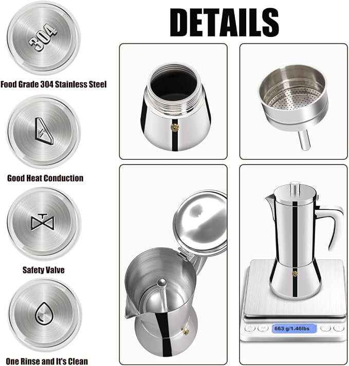 4 Cup Thickened 304 Stainless Steel Moka Pot Stovetop Espresso Maker Cafeteras Italian Percolator Espress Makers Capable Greca Mocha Coffee Machine for Induction Home and Camping 200ml 6.6oz - Image 7