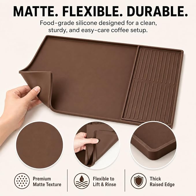Silicone Coffee Mat 24 x 16 in with Tray, Classic Coffee Brown | Coffee bar mat for countertop use, coffee station mat or coffee machine mat with removable tray and 0.47 in raised rim. - Image 5