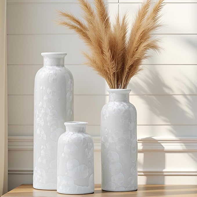 Modern Ceramic Vase Set of 3, White Crystalline Glaze Colors, Decorative Bottles for Home, Farmhouse Rustic Decor Housewarming Gifts, Wedding Gifts, Birthday Gifts for Women(Crystalline Glaze White) - Image 2