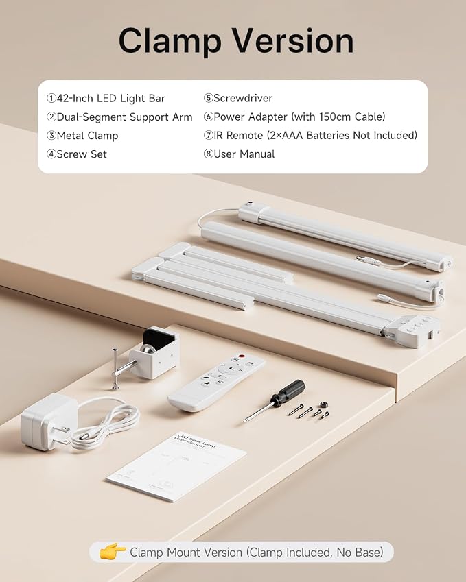ONEMIX 42" LED Desk Lamp with Clamp, Architect Desk Light with Remote, Adjustable 4-Segment Bar, 1800LM Bright, Eye-Caring Desk Lamp for Home Office, Reading, Study, Dual Monitors, Workbench (White) - Image 6