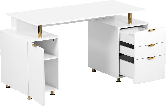 Techni Mobili 57"W Computer Desk w/ 3 Drawers & Storage Cabinet, White/Gold | Home office workstation, durable construction, everyday productivity, Ideal for home office, Workspace organization - Image 7