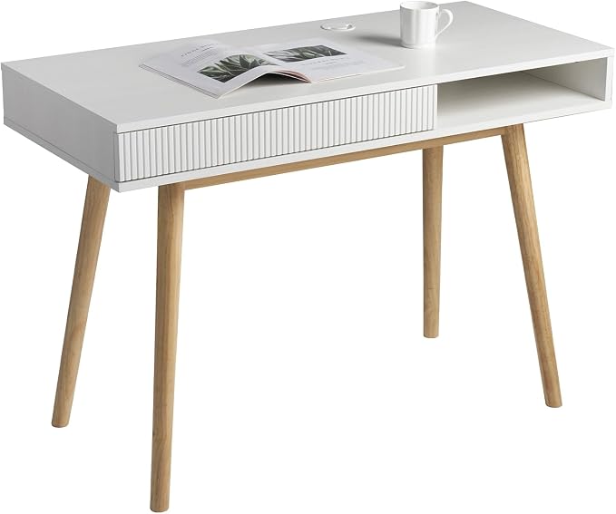 White Writing Desk with Storage, Mid Century Modern Desk for Small Spaces | 42.5-Inch Desktop, Soild Wood Legs, Hidden Drawer & Open Cubby Storage, Built-in Cable Management for a Clean Workspace by Artswish