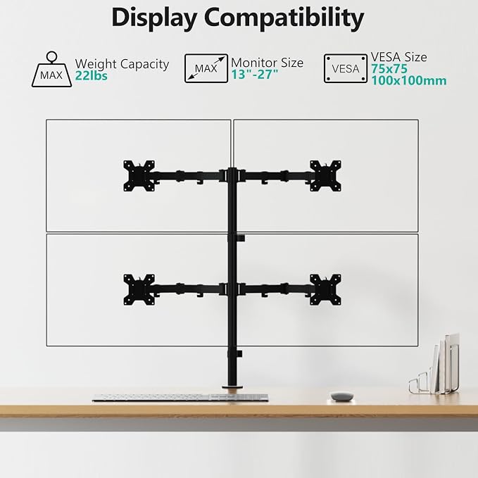 WALI Quad Monitor Desk Mount, 4 Monitor Stand Fits Heavy Duty Computer Screen up to 27 inch, Full Adjustable Arm Holds up to 22 lbs per Arm (M004), Black - Image 2