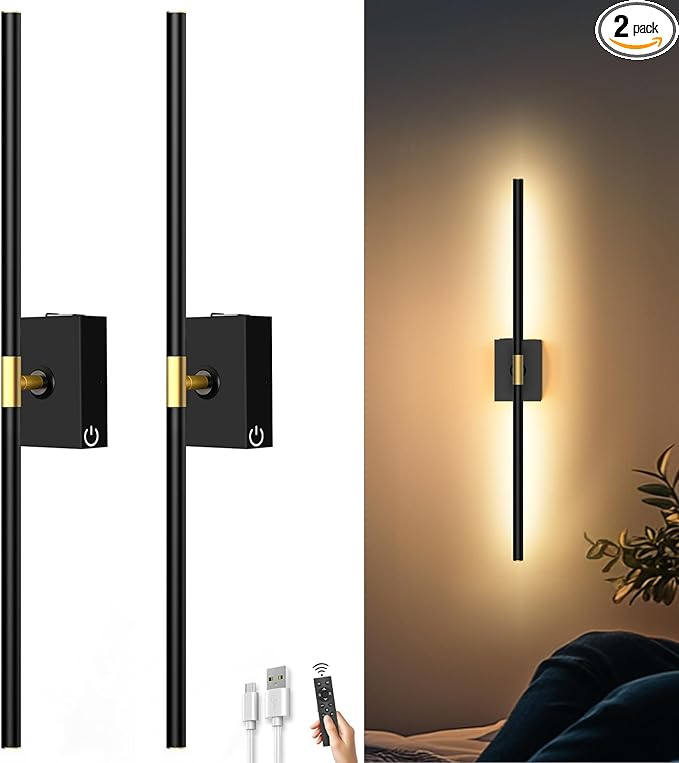 iThird Battery Operated Wall Sconces Set of 2: 10000mAh Rechargeable Wall Lights with Remote Control, 360° Rotate Wireless Wall Scone Decor for TV/Mirror Bedroom Living Room, 31.5 Inch, Black by iThirdHomeOutdoorLighting