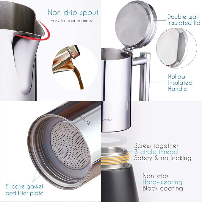Easyworkz Diego Stovetop Espresso Maker Stainless Steel Italian Coffee Machine Maker 4Cup 6.8 oz Induction Moka Pot - Image 4